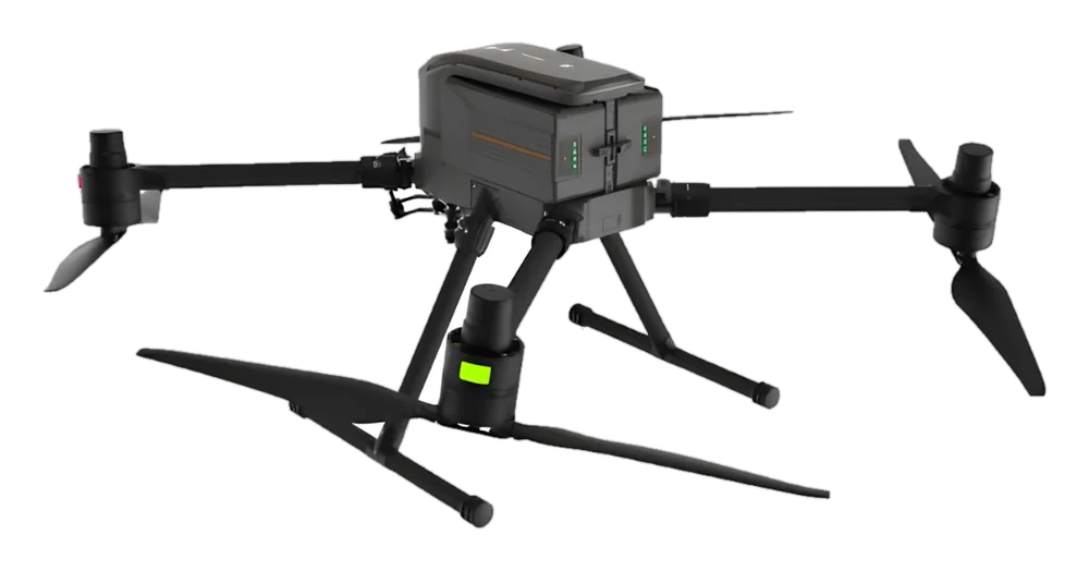 Dron CHCNAV X500 con sensor montado, vista lateral