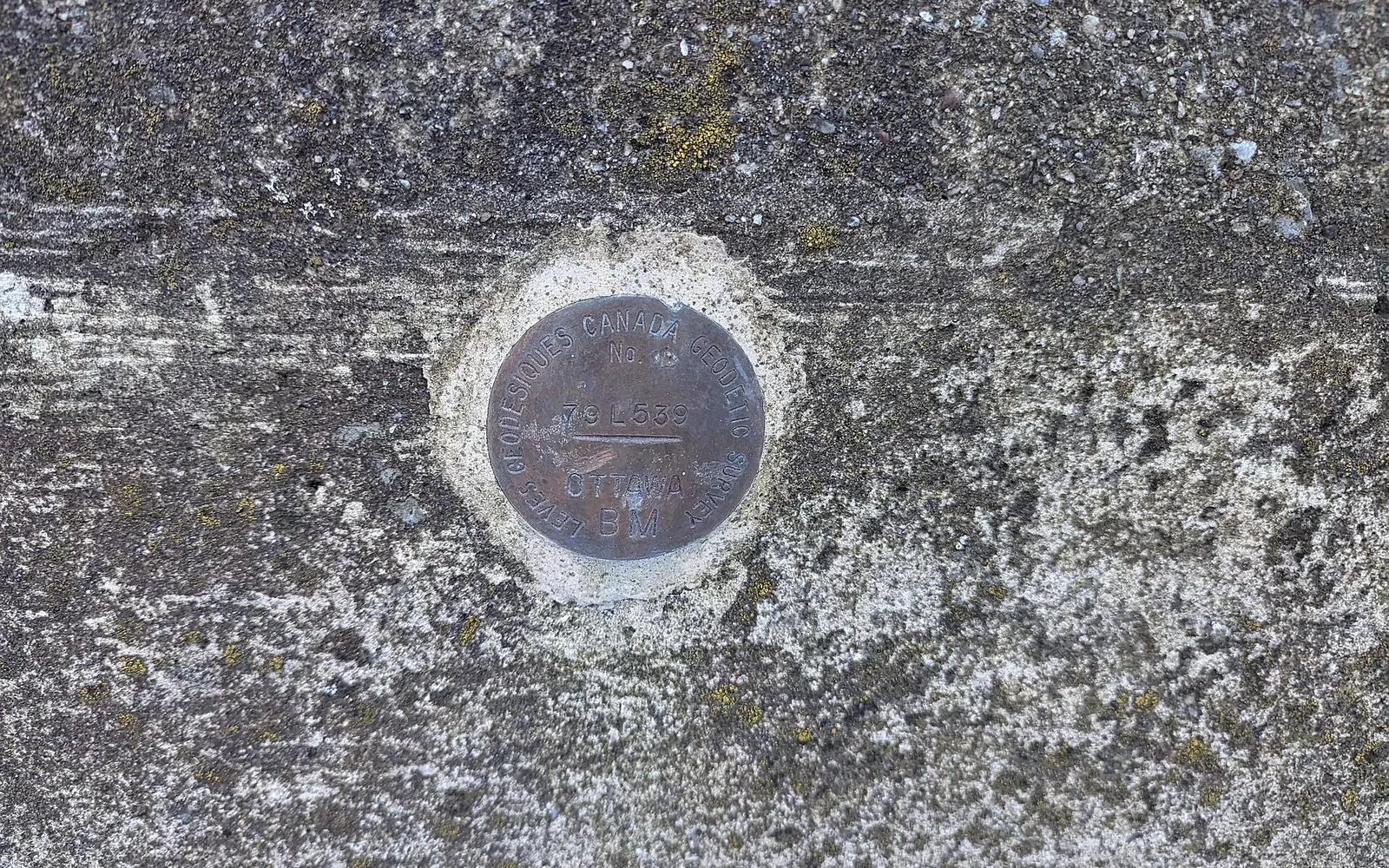 Placa de un punto geodésico empotrada en concreto, ejemplo genérico fuera del Perú